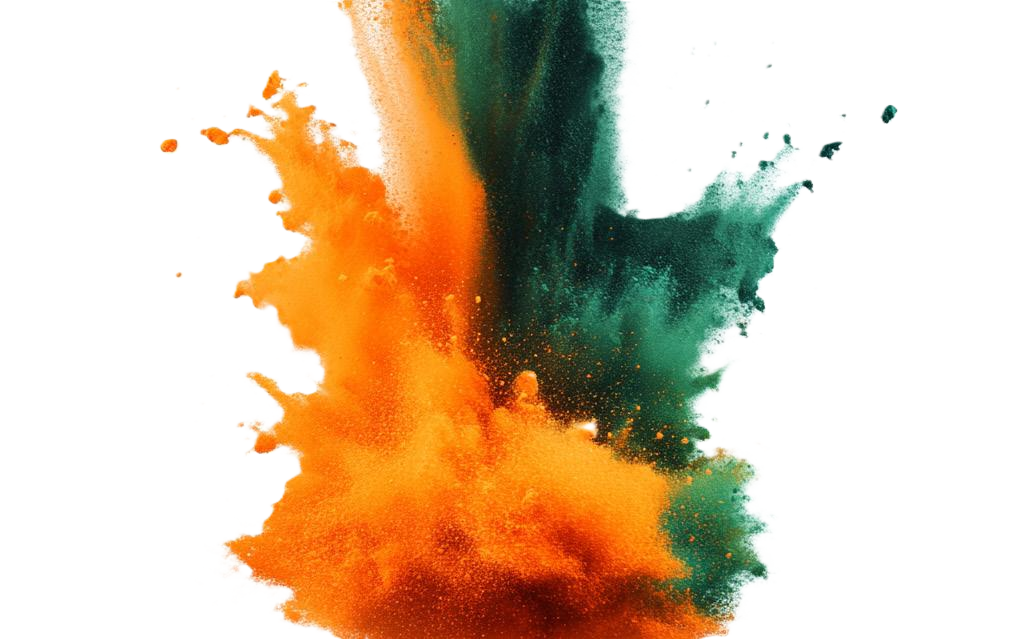 Kleurexplosie van oranje en groen poeder op wit – visuele kracht over Colour Image.